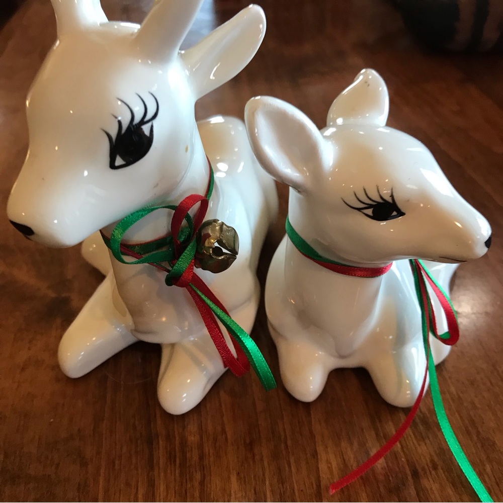 Ceramic Anthropomorphic Christmas Deer Figurines Set of Two With Ribbons - Picture 6 of 8